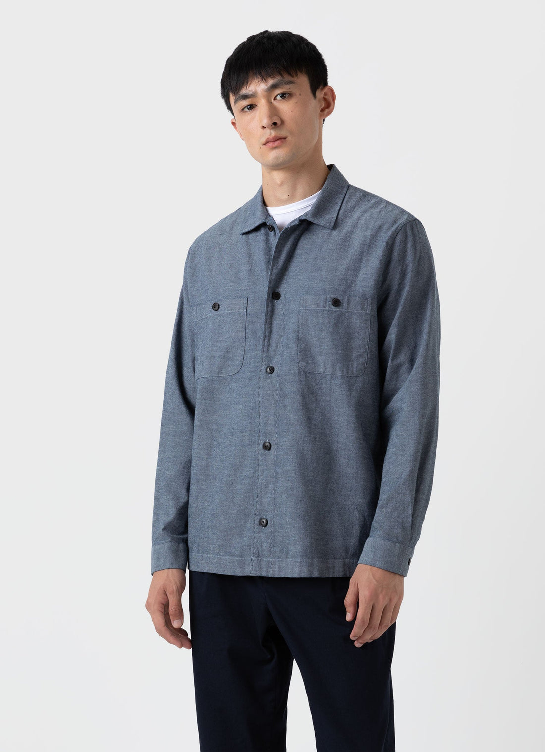 Men's Japanese Chambray Overshirt in Mid Blue Chambray