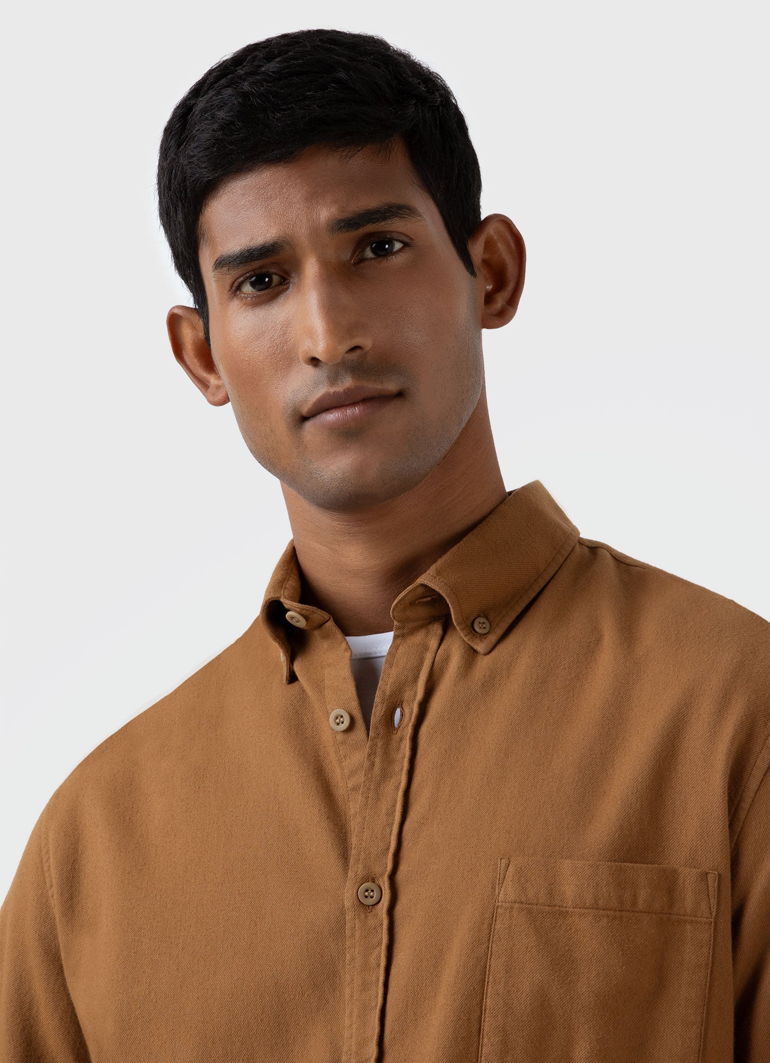 Men's Brushed Cotton Flannel Shirt in Dark Camel