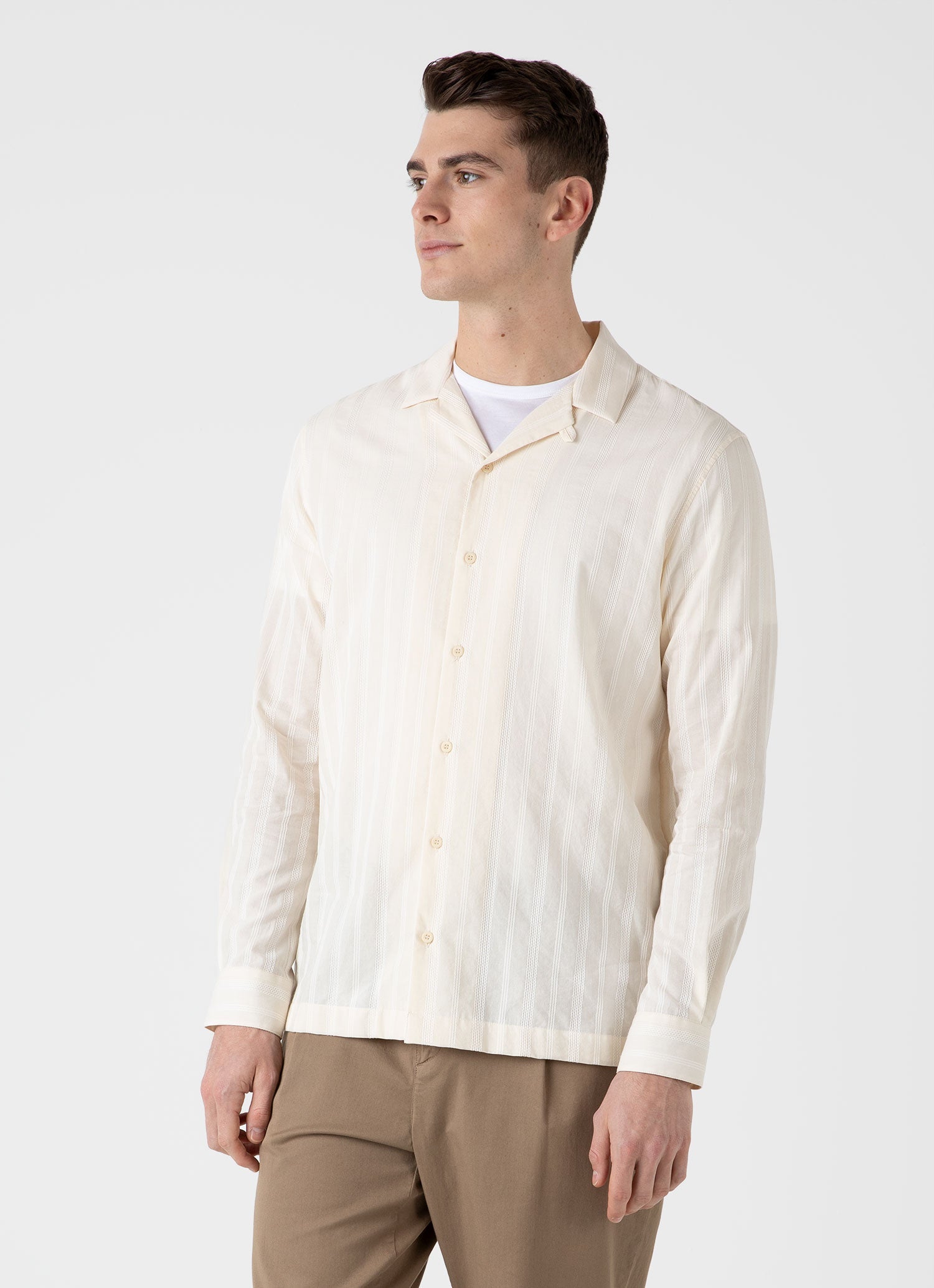 Men's Embroidered Stripe Long Sleeve Shirt in Ecru