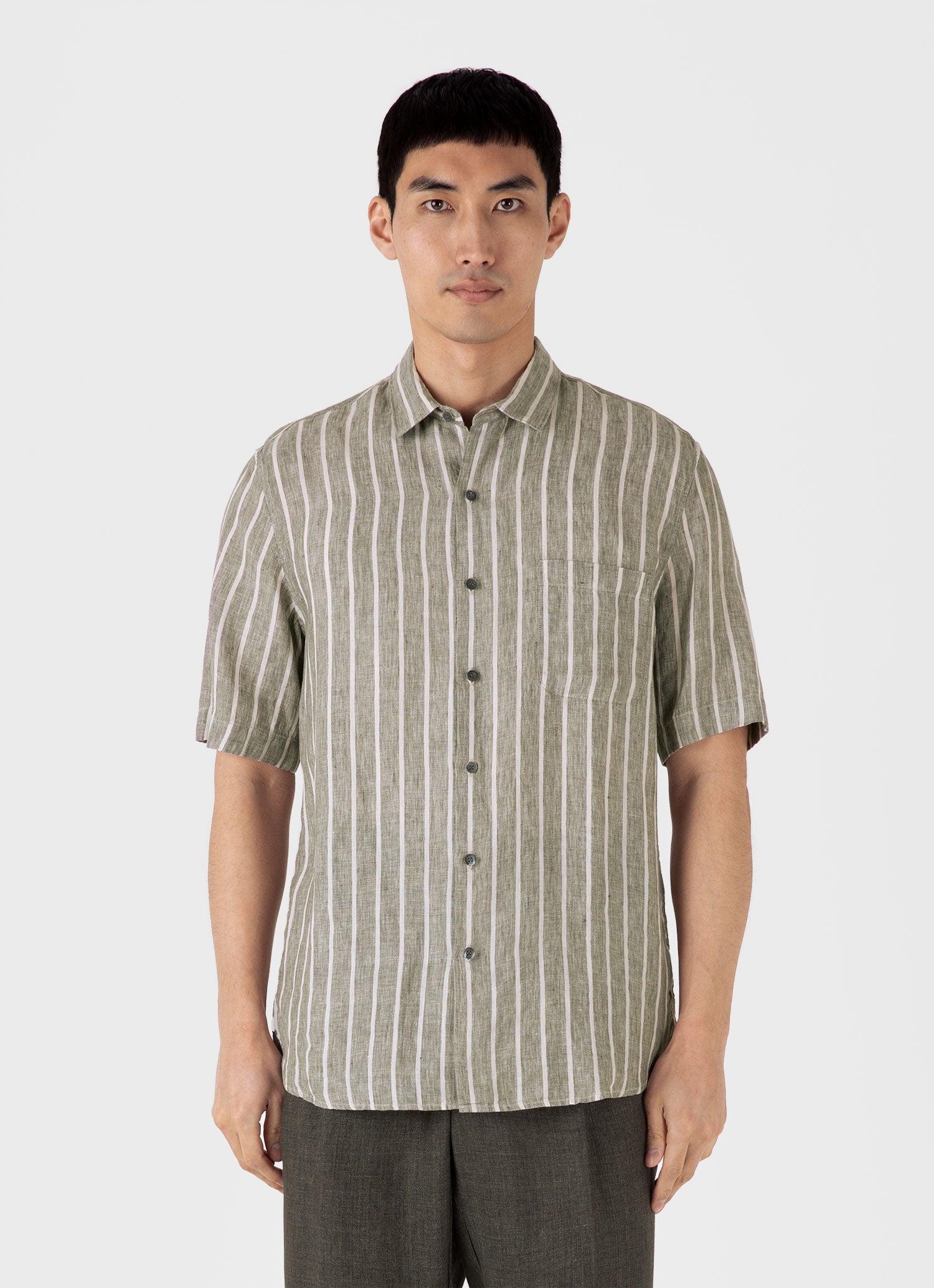 Men's Short Sleeve Linen Shirt in Dusk Green/Ecru