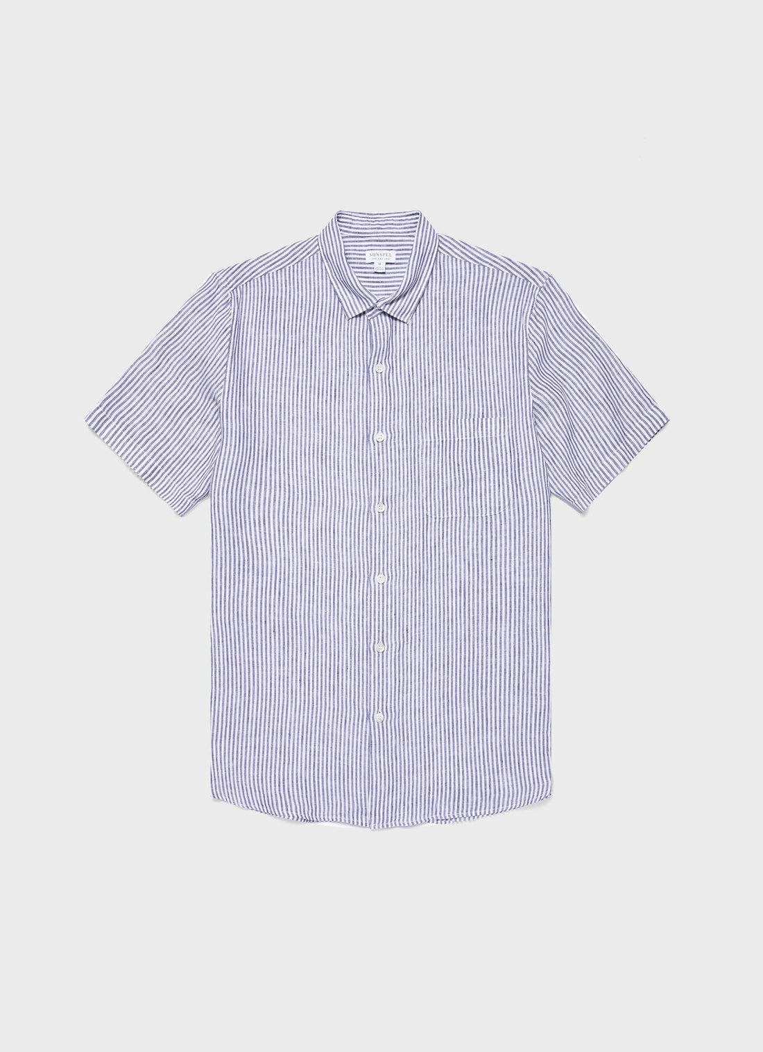 Men's Short Sleeve Linen Shirt in Navy/White Classic Stripe