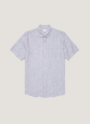 Men's Short Sleeve Linen Shirt in White/Navy