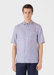 Men's Short Sleeve Linen Shirt in Navy/White Classic Stripe