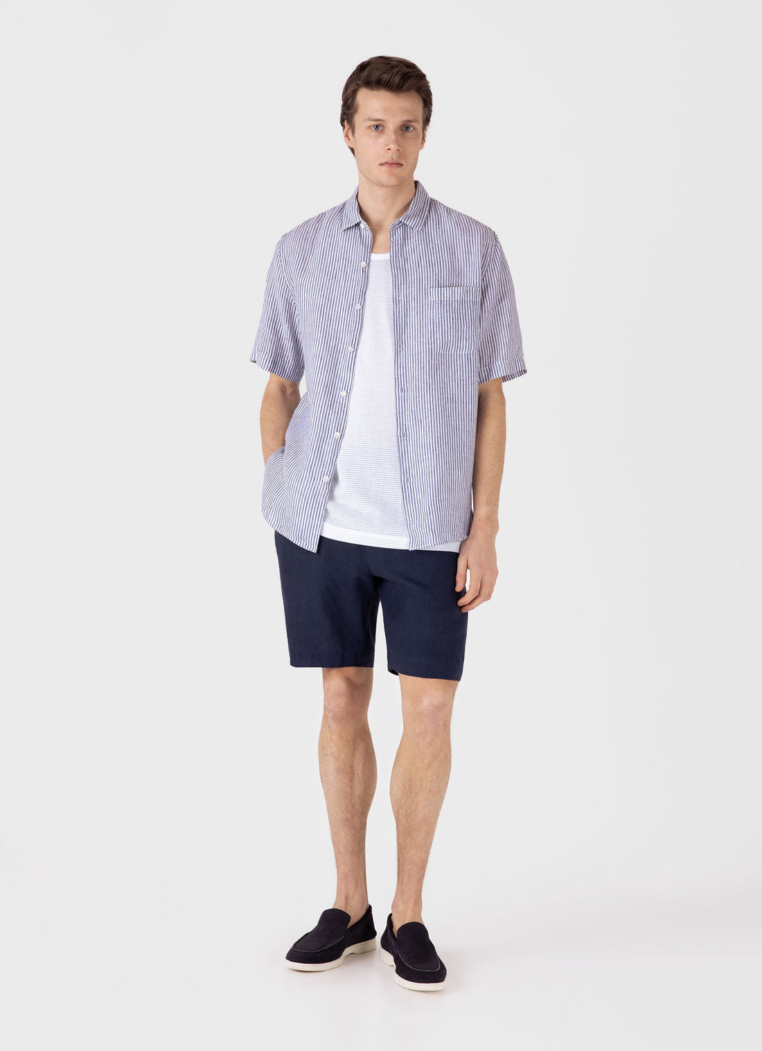 Men's Short Sleeve Linen Shirt in Navy/White Classic Stripe