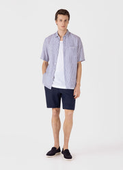 Men's Short Sleeve Linen Shirt in Navy/White Classic Stripe