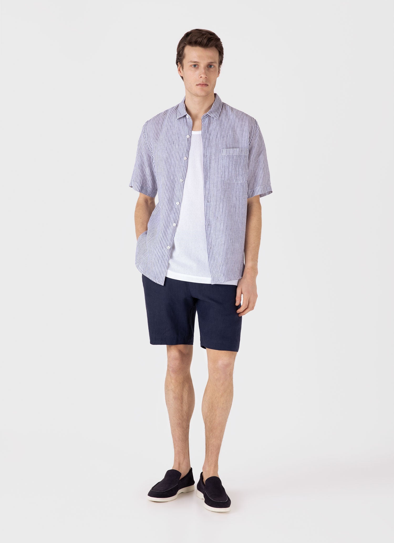 Men's Short Sleeve Linen Shirt in Navy/White Classic Stripe