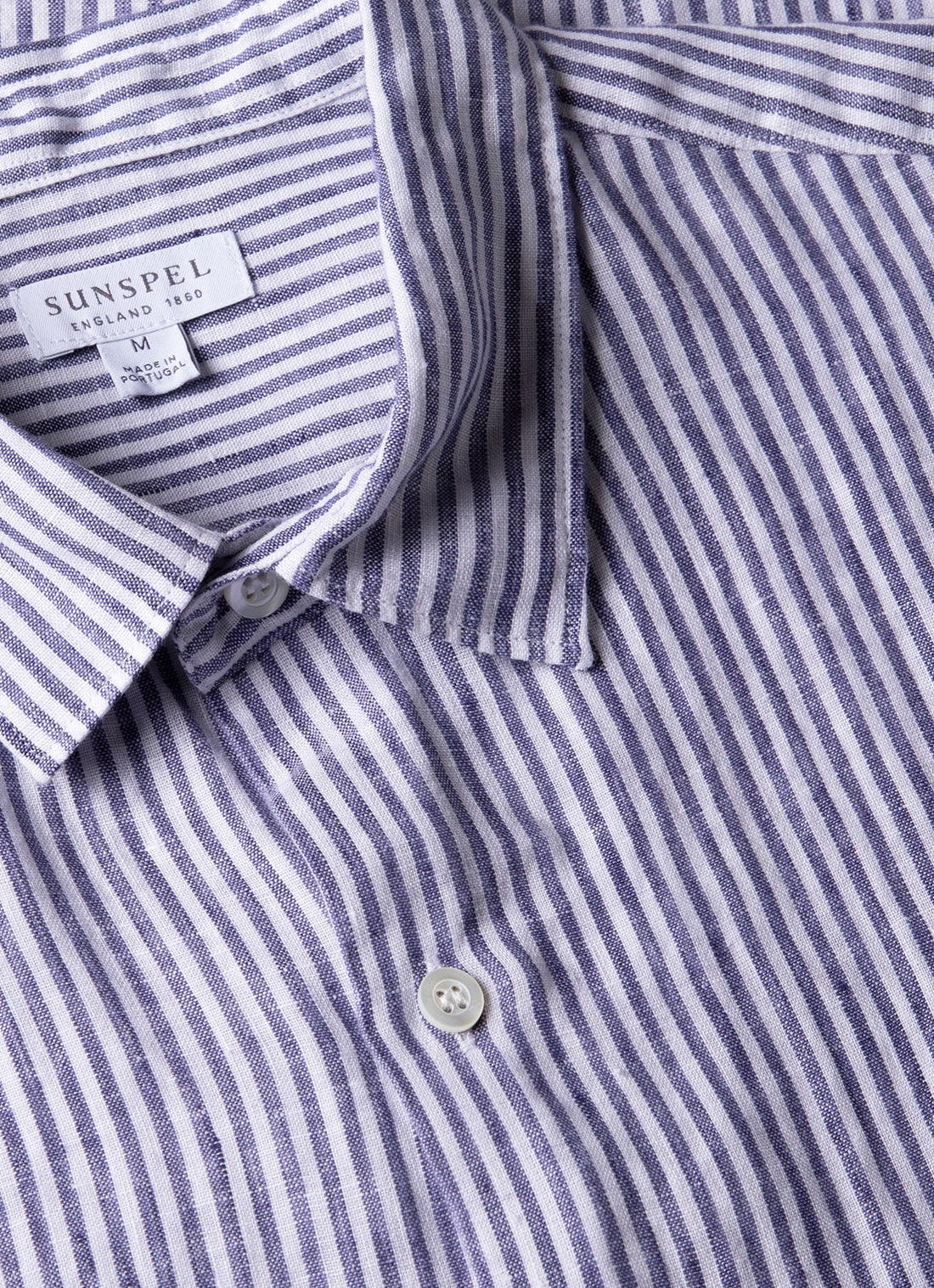 Men's Short Sleeve Linen Shirt in Navy/White Classic Stripe