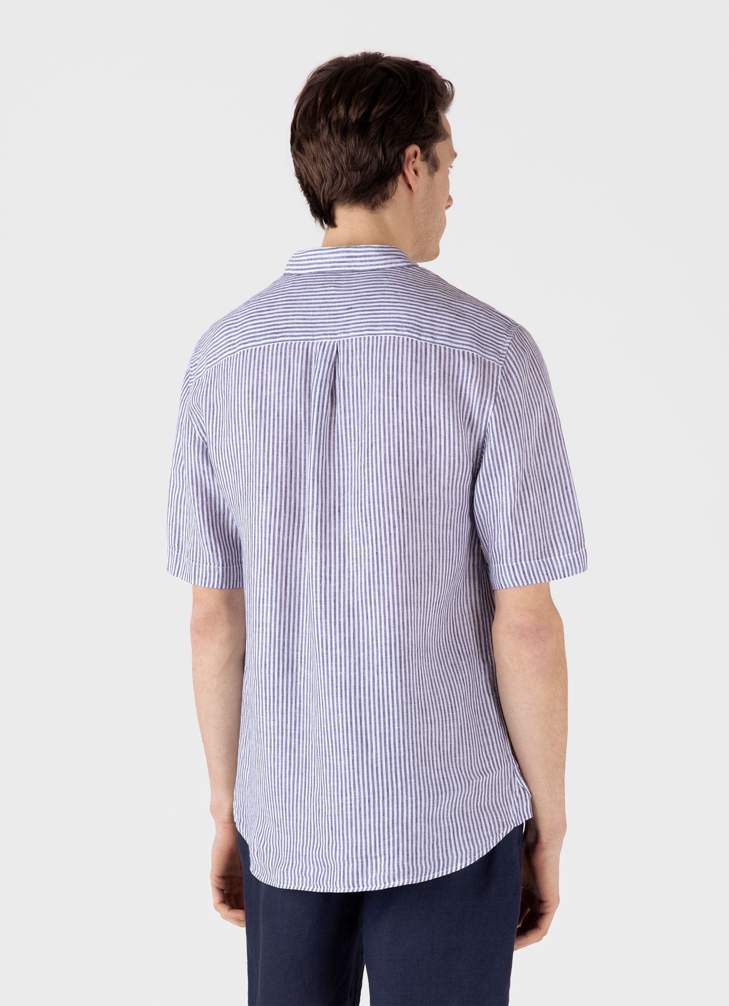 Men's Short Sleeve Linen Shirt in Navy/White Classic Stripe