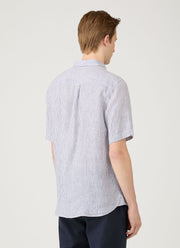 Men's Short Sleeve Linen Shirt in White/Navy