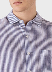 Men's Short Sleeve Linen Shirt in Navy/White Classic Stripe