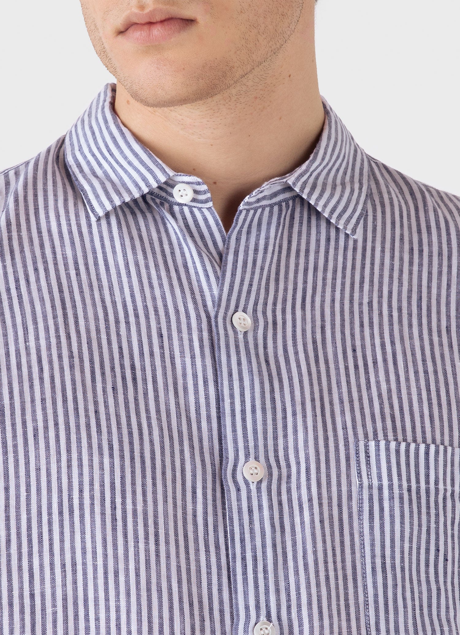 Men's Short Sleeve Linen Shirt in Navy/White Classic Stripe