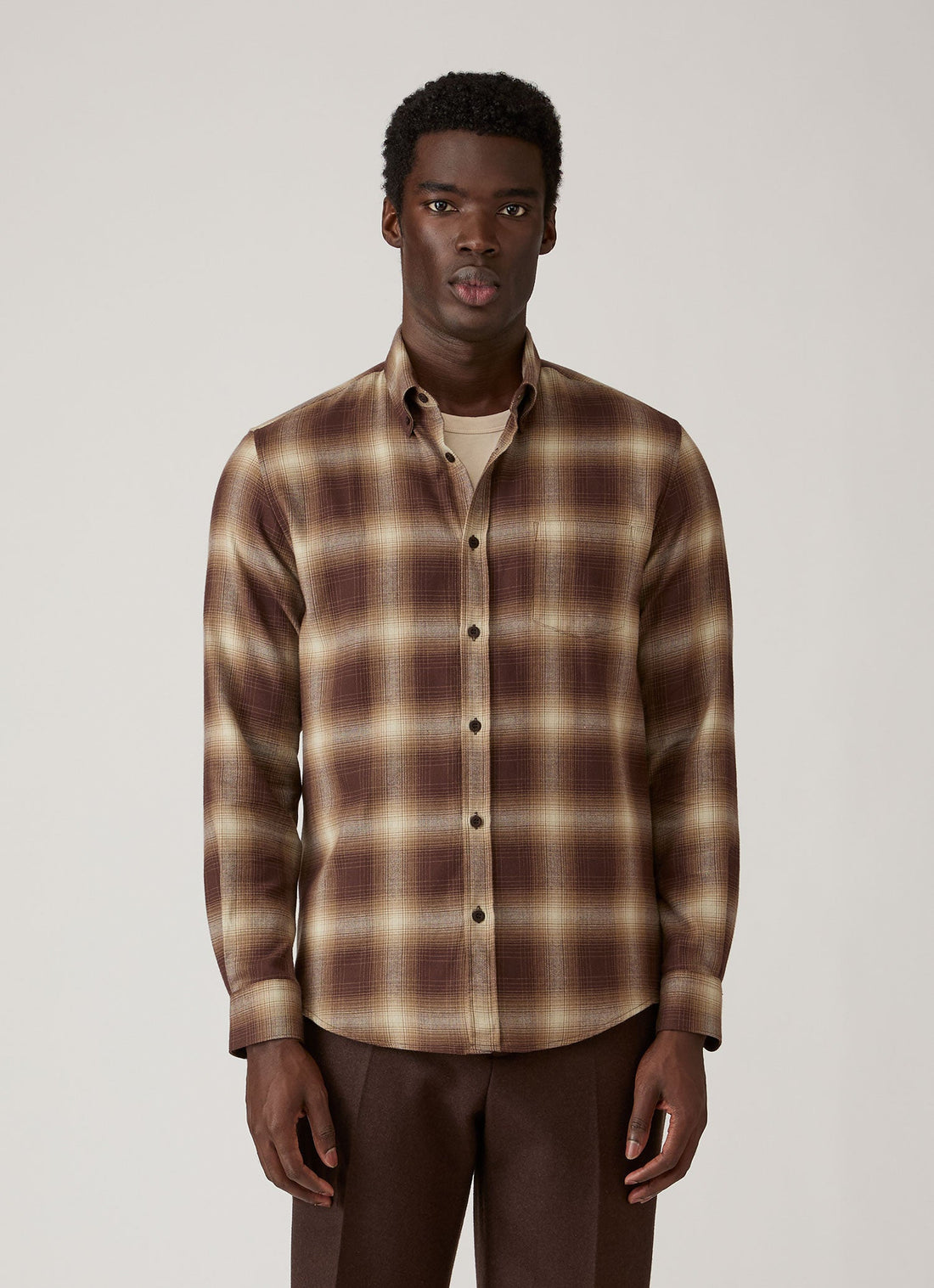 Men's Button Down Flannel Shirt in Chestnut Melton Check