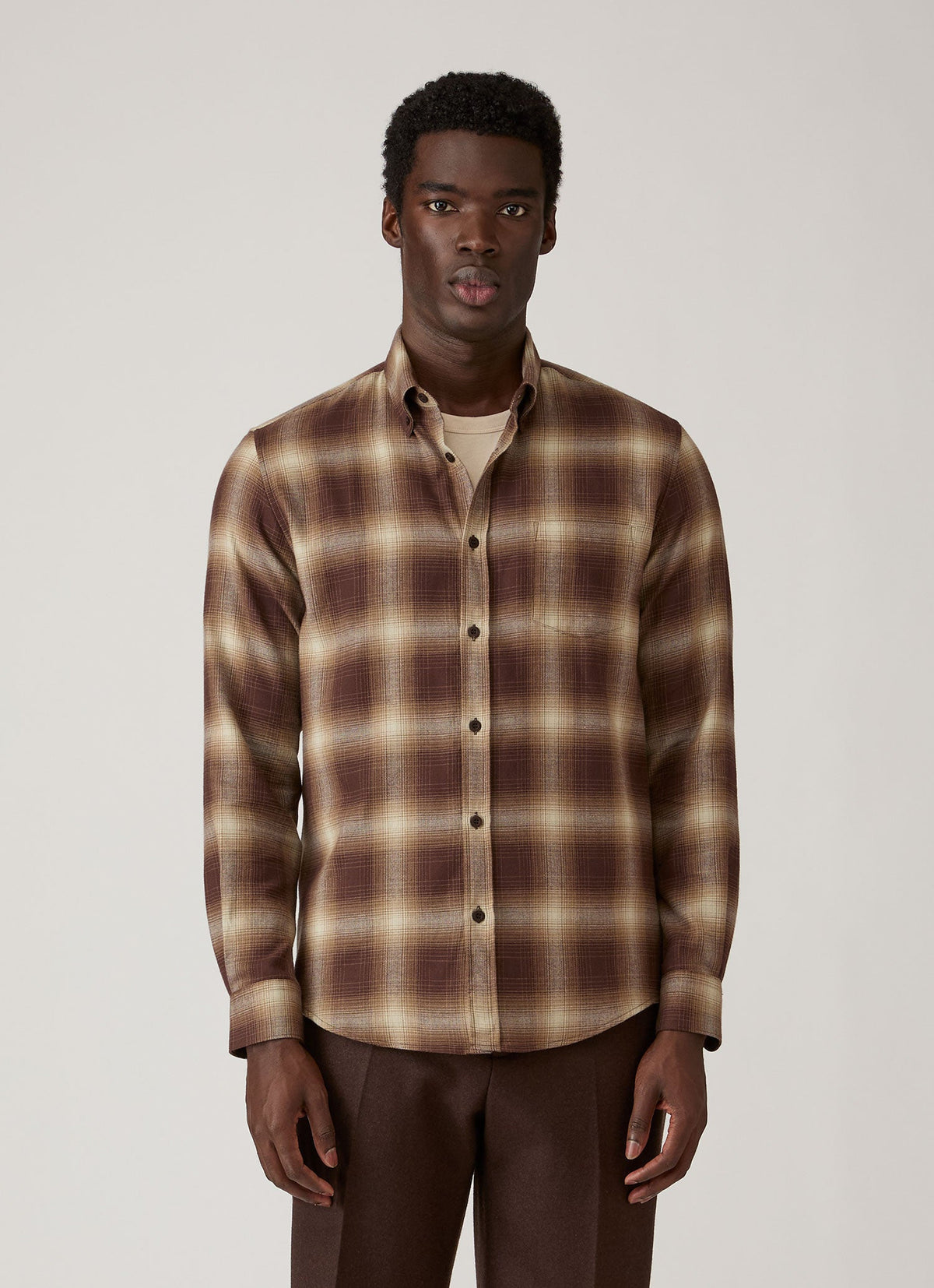 Men's Button Down Flannel Shirt in Chestnut Melton Check