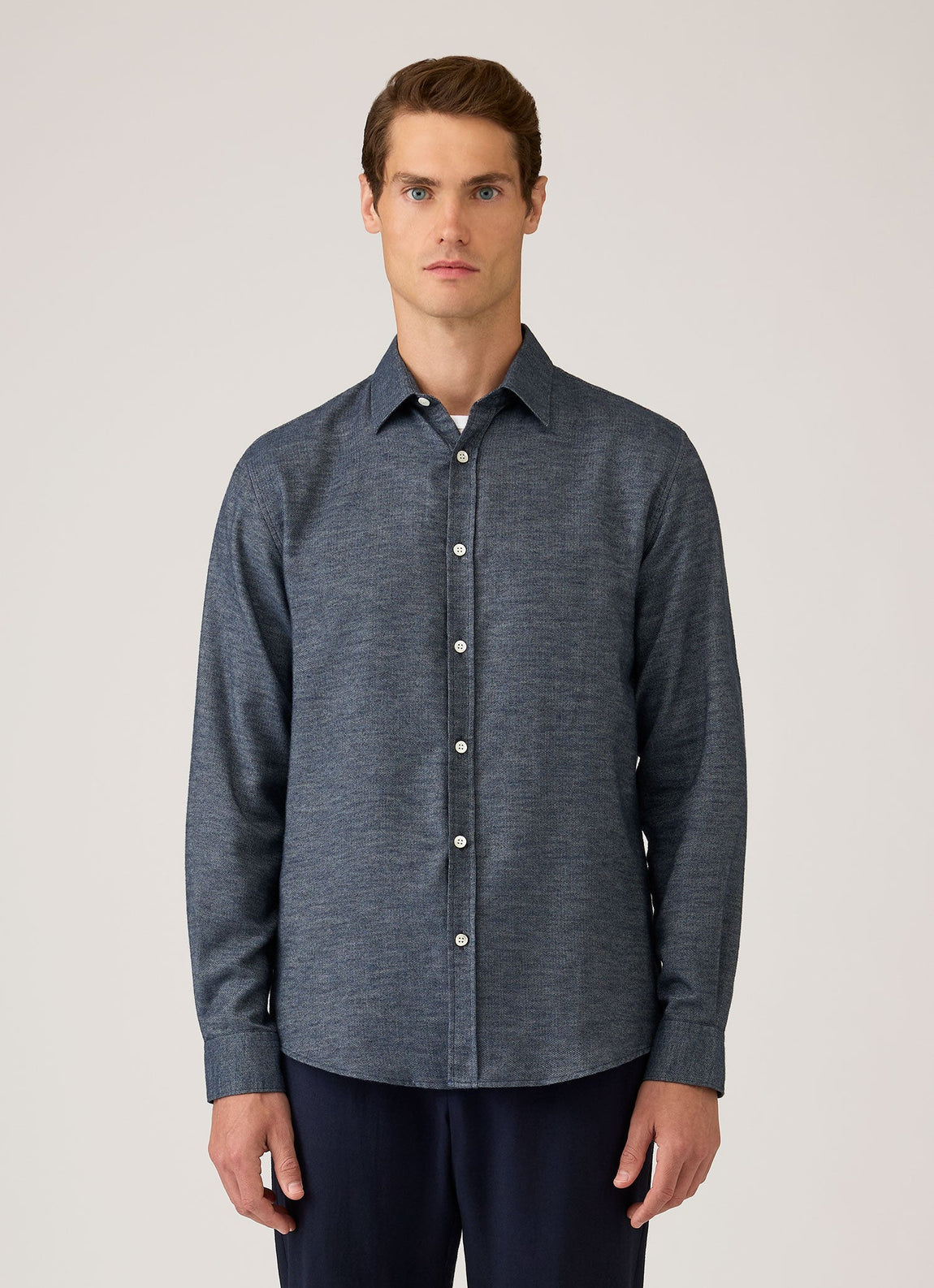 Men's Cotton Cashmere Herringbone Shirt in Denim Melange