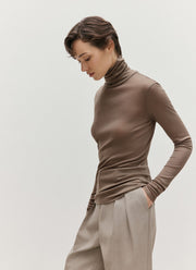 Women's Long Sleeve Funnel Neck Top in Dark Cedar