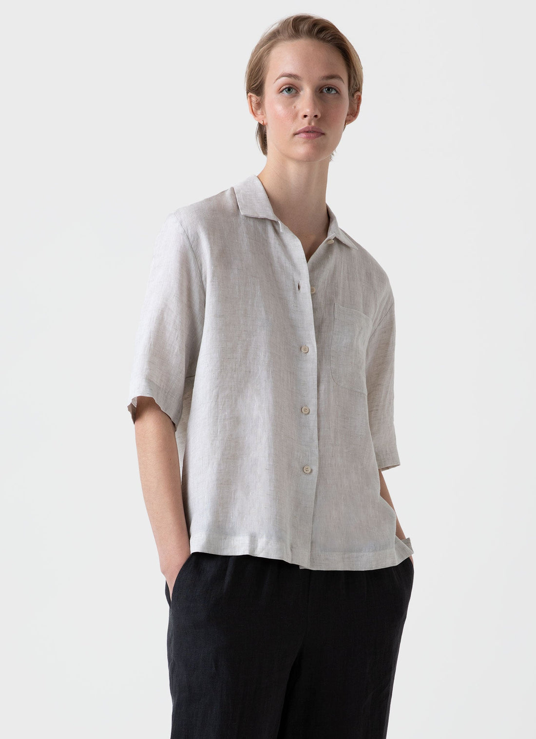 Women's Short Sleeve Linen Shirt in Oatmeal Melange