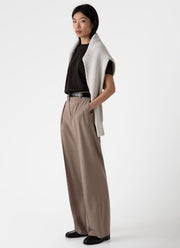 Women's Pleated Wool Flannel Trouser in Oatmeal Melange