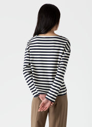 Women's Long Sleeve Boatneck T-shirt in Navy/Ecru Block Stripe
